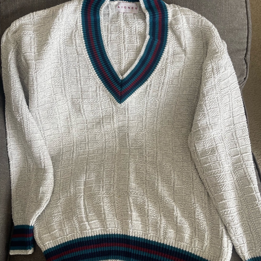 Etienne Aigner White V-Neck Sweater with Blue and Red Accents